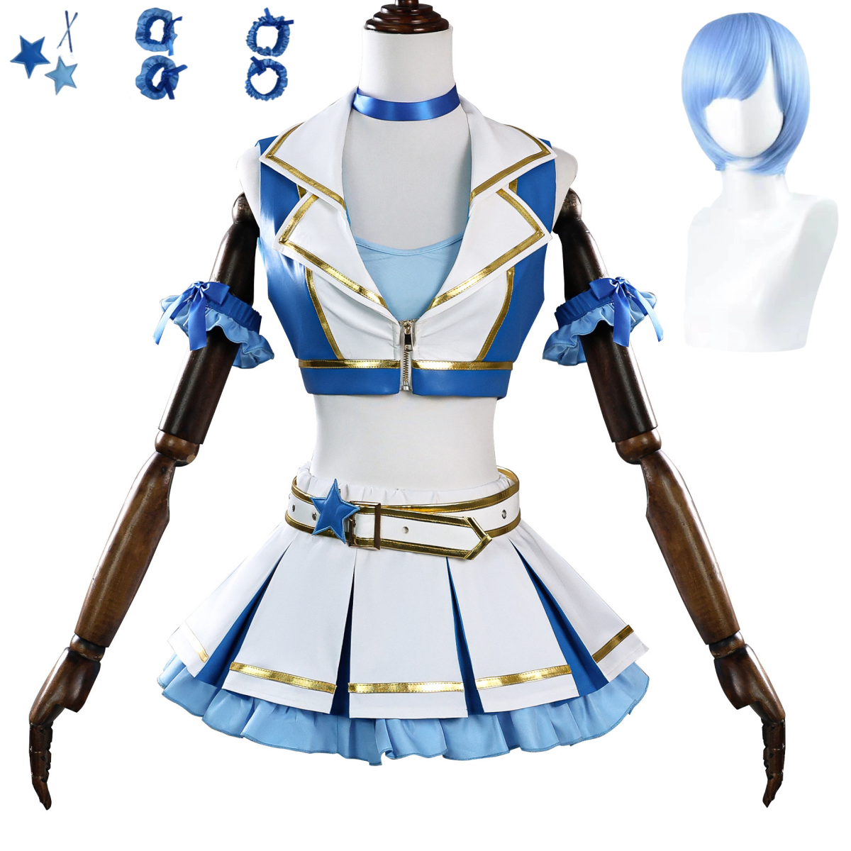 Re Zero Rem Wig - Blue White PU Coat Skirt Wig