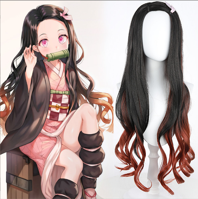 Synthetic Long Wavy Orange Bla - Anime Cosplay Nezuko ulasan dan harga